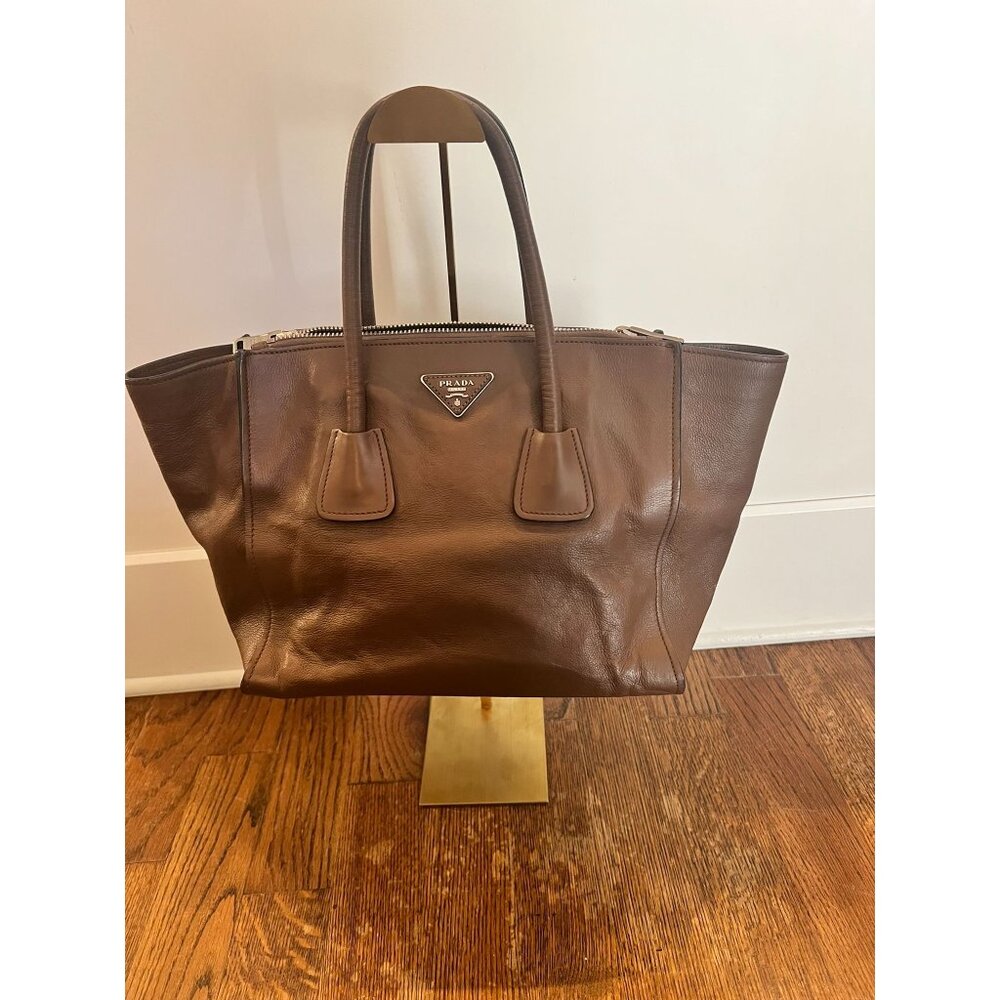 Prada Triangle Twin Pocket Leather Calf Skin Tote Handbag